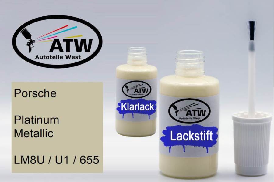 Porsche, Platinum Metallic, LM8U / U1 / 655: 20ml Lackstift + 20ml Klarlack - Set, von ATW Autoteile West.